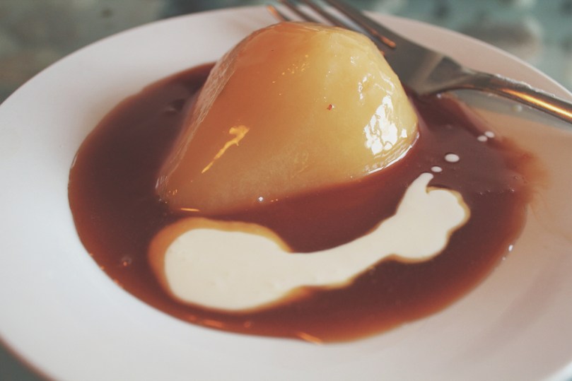 Persian Lunch: Poached Pear with a 'scotch-butter' sauce and a dollop of cream