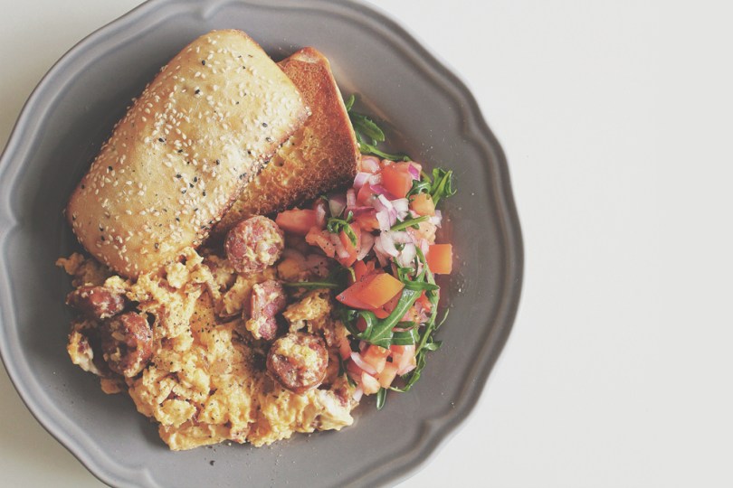 South American Style Eggs with Fresh Tomato Salsa & Turkish Bread Roll