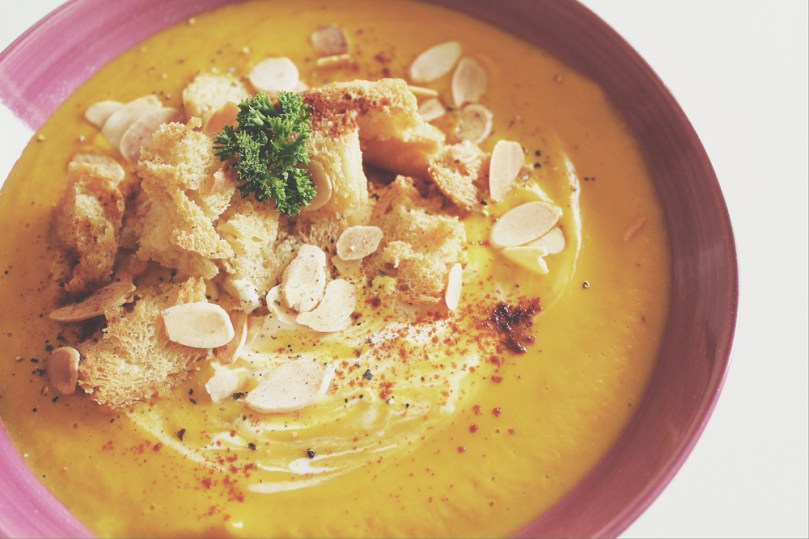 Spicy Carrot, Chickpea & Almond Soup with Roasted Croutons