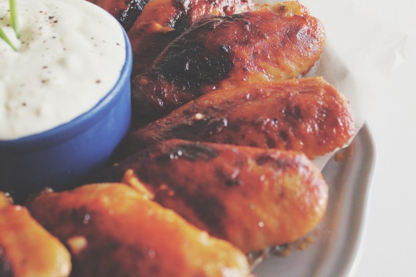 Baked Buffalo Wings with Blue Cheese-Yoghurt Dip