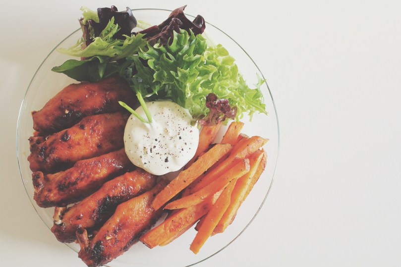 Baked Buffalo Wings with Blue Cheese-Yoghurt Dip