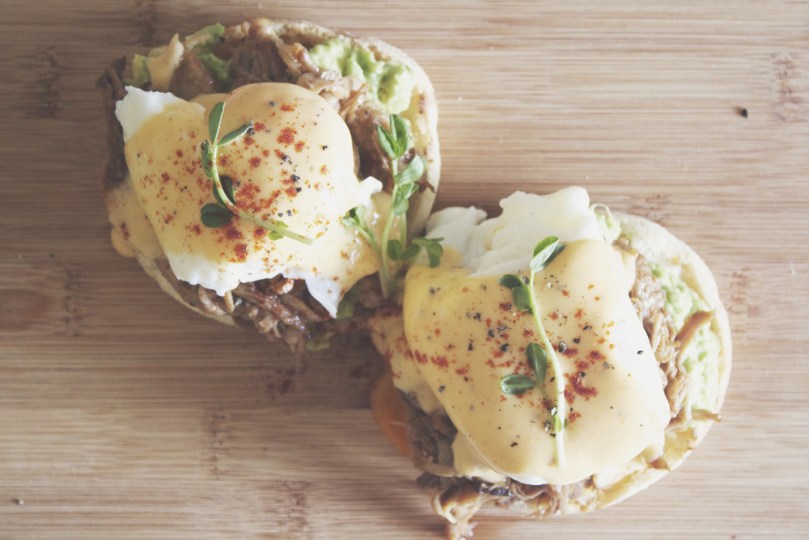 Beer-braised Pulled Pork Eggs Benedict