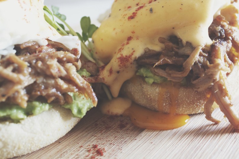 Beer-braised Pulled Pork Eggs Benedict