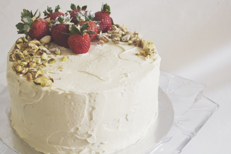 Layered Pistachio Cake with Honey Vanilla Buttercream