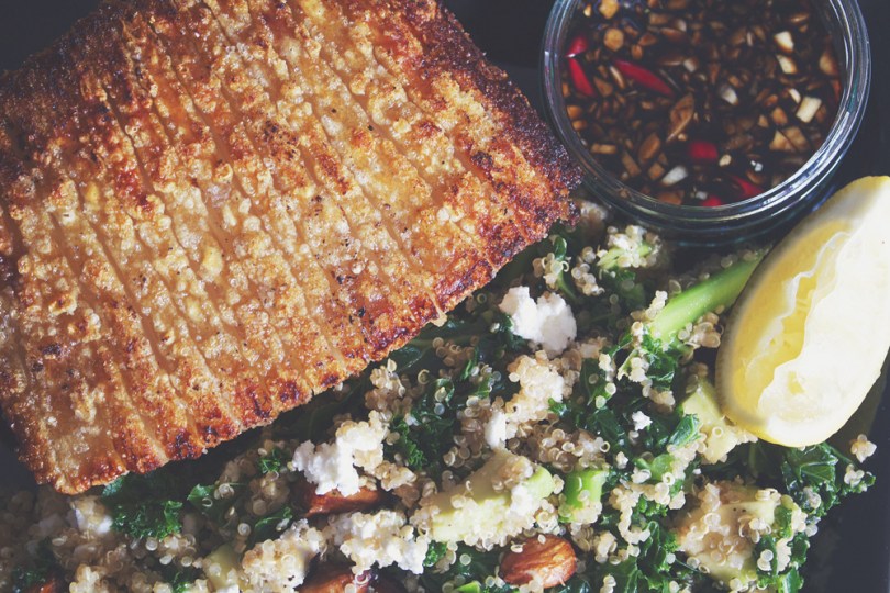 Roast Pork Crackling with Kale & Quinoa Salad