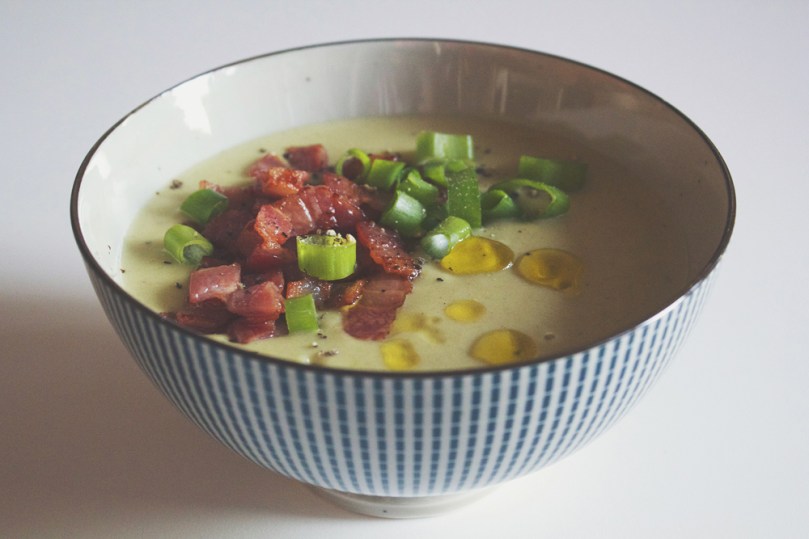 Potato & Caramelised Leek Soup with Crispy Bacon