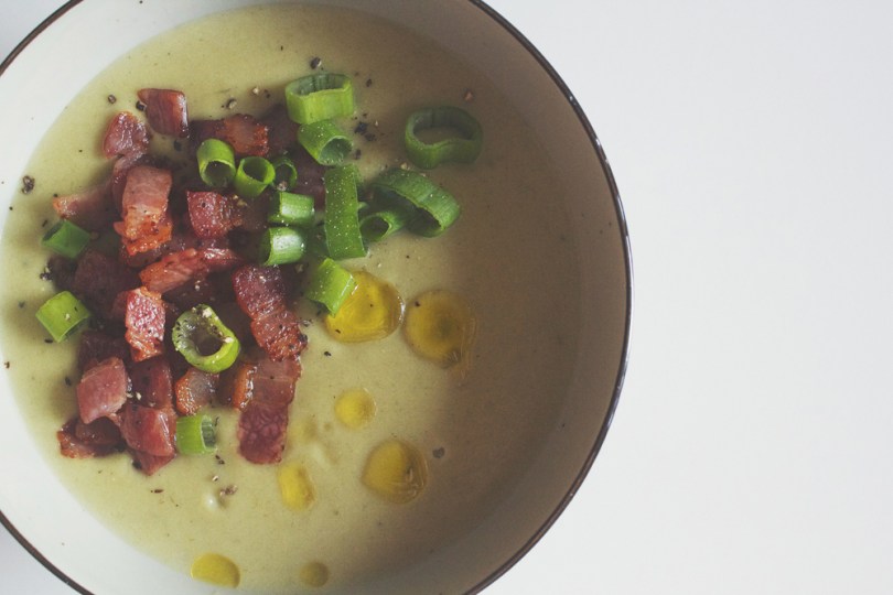 Potato & Caramelised Leek Soup with Crispy Bacon