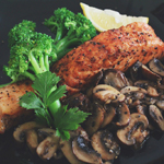 Sicilian-style Salmon with Garlic Mushrooms & Poached Broccoli