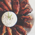 Baked Buffalo Wings with Blue Cheese-Yoghurt Dip