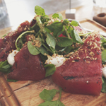 Meat District Co.: Compressed, grilled watermelon salad, sumac, goat cheese, and hazelnut