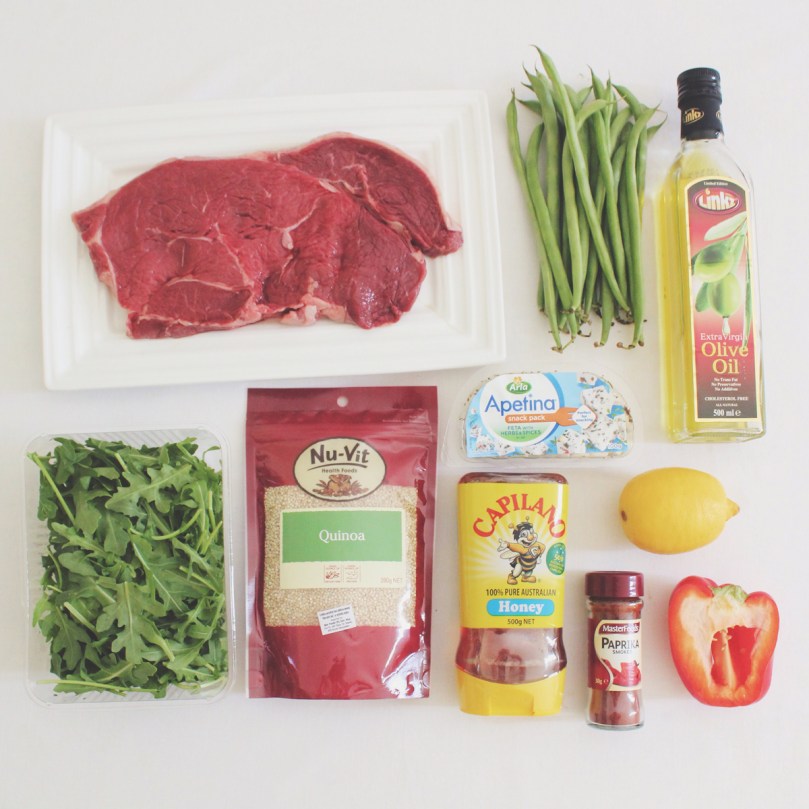 Quinoa, Green Beans, and Roasted Capsicum Salad with Pan-seared Rump Steak