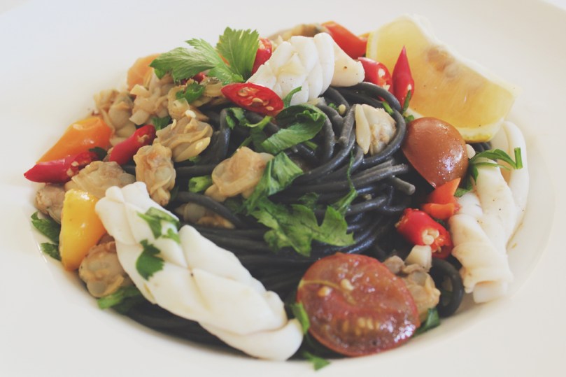 Spaghetti al Nero di Seppia con Calamari e Vongole