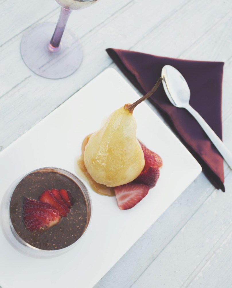 Poached Pears with Chocolate Chia Mousse