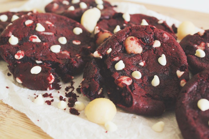 White Chocolate & Macadamia Red Velvet Cookies