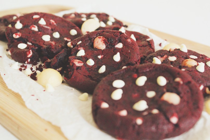 White Chocolate & Macadamia Red Velvet Cookies