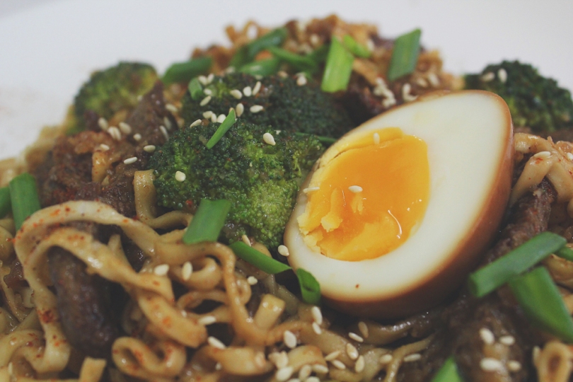 Beef & Broccoli Mee Pok with Soy Eggs