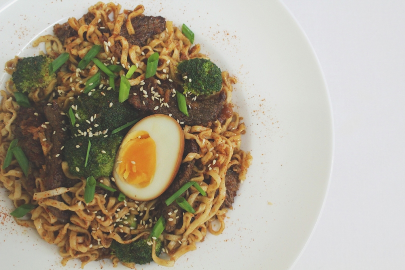 Beef & Broccoli Mee Pok with Soy Eggs