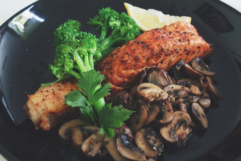 Sicilian-style Salmon with Garlic Mushrooms & Poached Broccoli