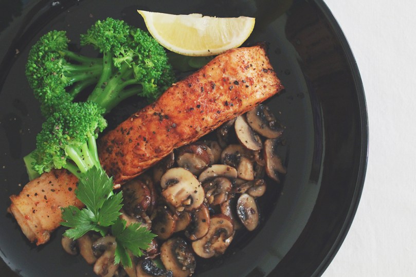 Sicilian-style Salmon with Garlic Mushrooms & Poached Broccoli