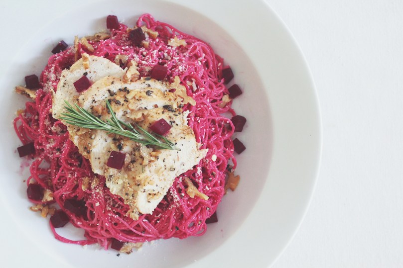 Angel Hair with Beetroot Pesto & Roast Lemon Rosemary Chicken