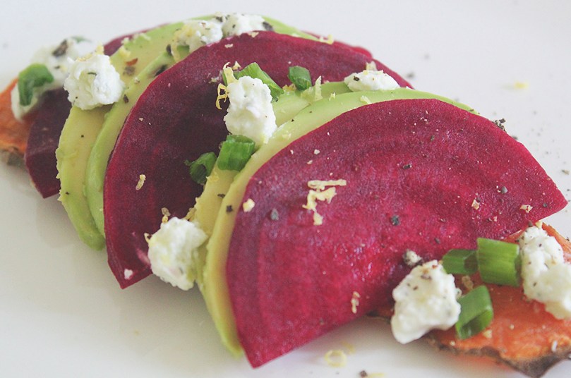 Savoury Orange Sweet Potato Toasts: Avocado, Beetroot & Goats Cheese