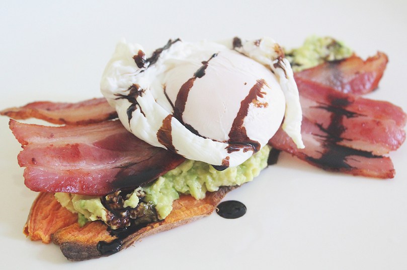 Savoury Orange Sweet Potato Toasts: Smashed Avo, Crispy Bacon & Poached Egg