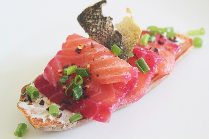Savoury Orange Sweet Potato Toasts: Beet & Salt-cured Salmon