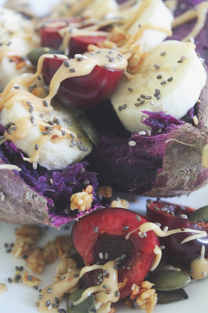 Baked Purple Sweet Potato with Banana & Cherries