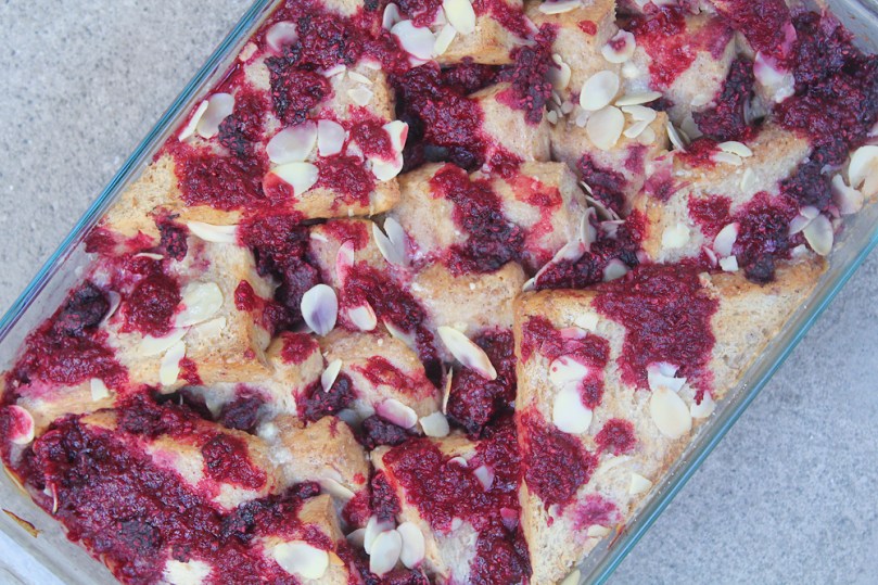 Raspberry, Almond, and White Chocolate Bread Pudding with Vanilla Cream Sauce