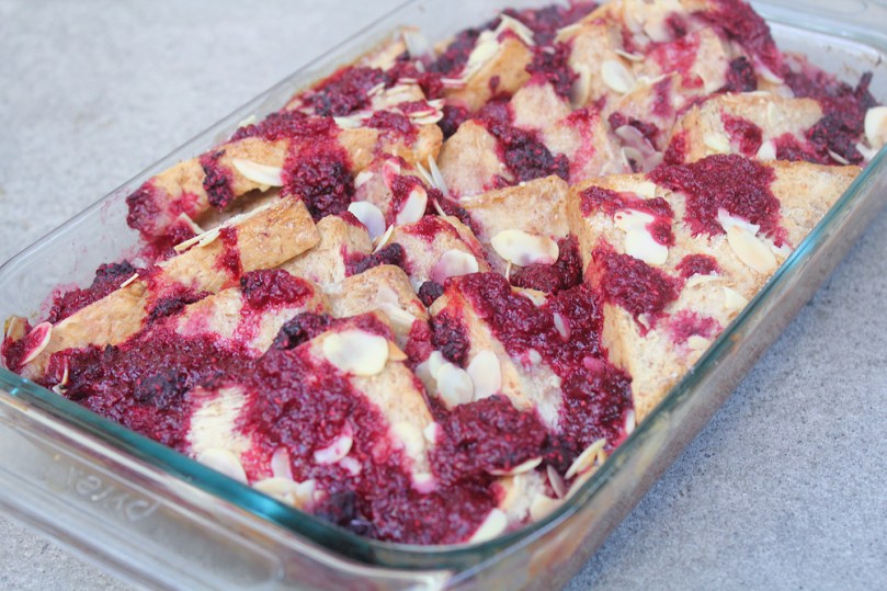 Raspberry, Almond, and White Chocolate Bread Pudding with Vanilla Cream Sauce