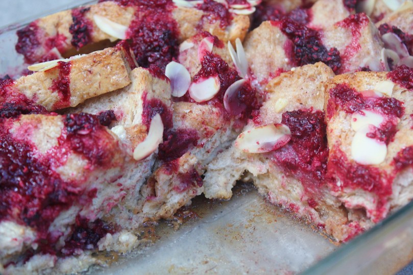 Raspberry, Almond, and White Chocolate Bread Pudding with Vanilla Cream Sauce