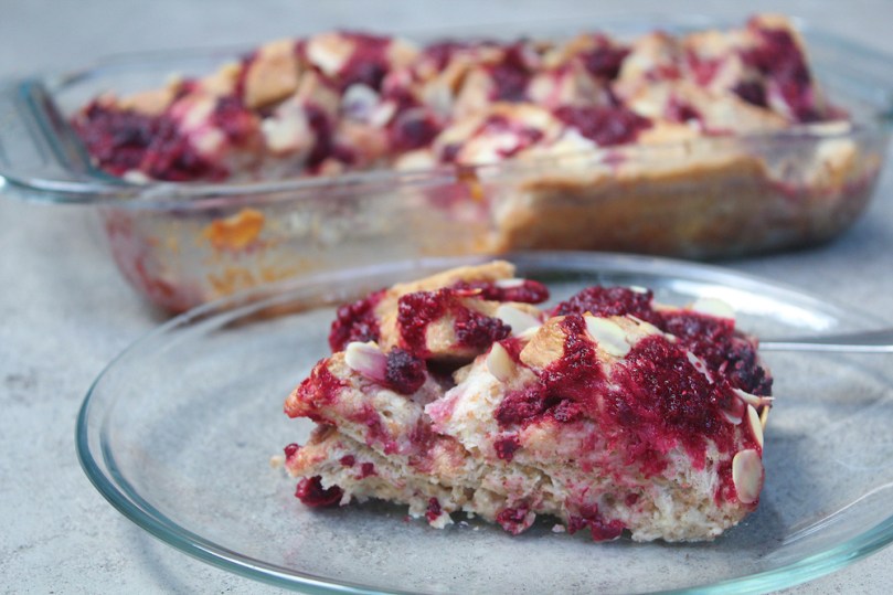 Raspberry, Almond, and White Chocolate Bread Pudding with Vanilla Cream Sauce