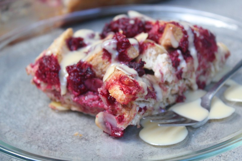 Raspberry, Almond, and White Chocolate Bread Pudding with Vanilla Cream Sauce