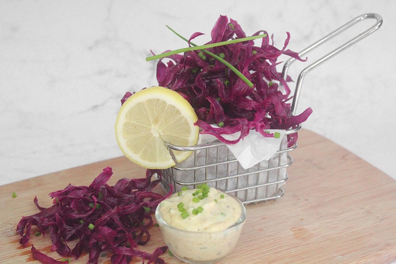 Purple Sweet Potato Crisps with Easy Roasted Garlic & Chive Aïoli