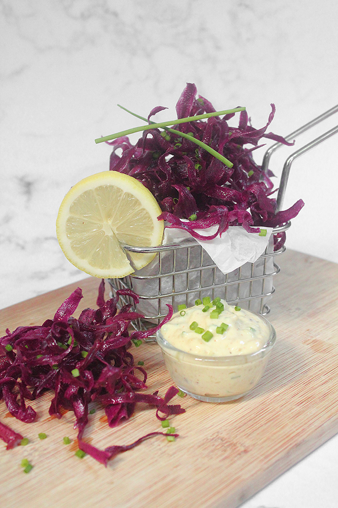 Purple Sweet Potato Crisps with Easy Roasted Garlic & Chive Aïoli