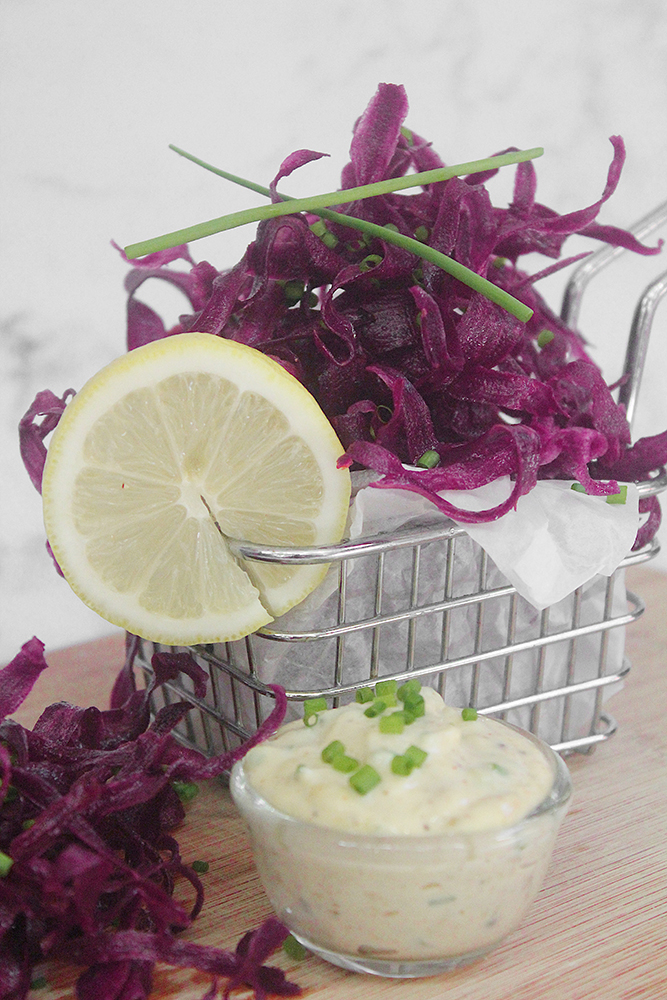 Purple Sweet Potato Crisps with Easy Roasted Garlic & Chive Aïoli