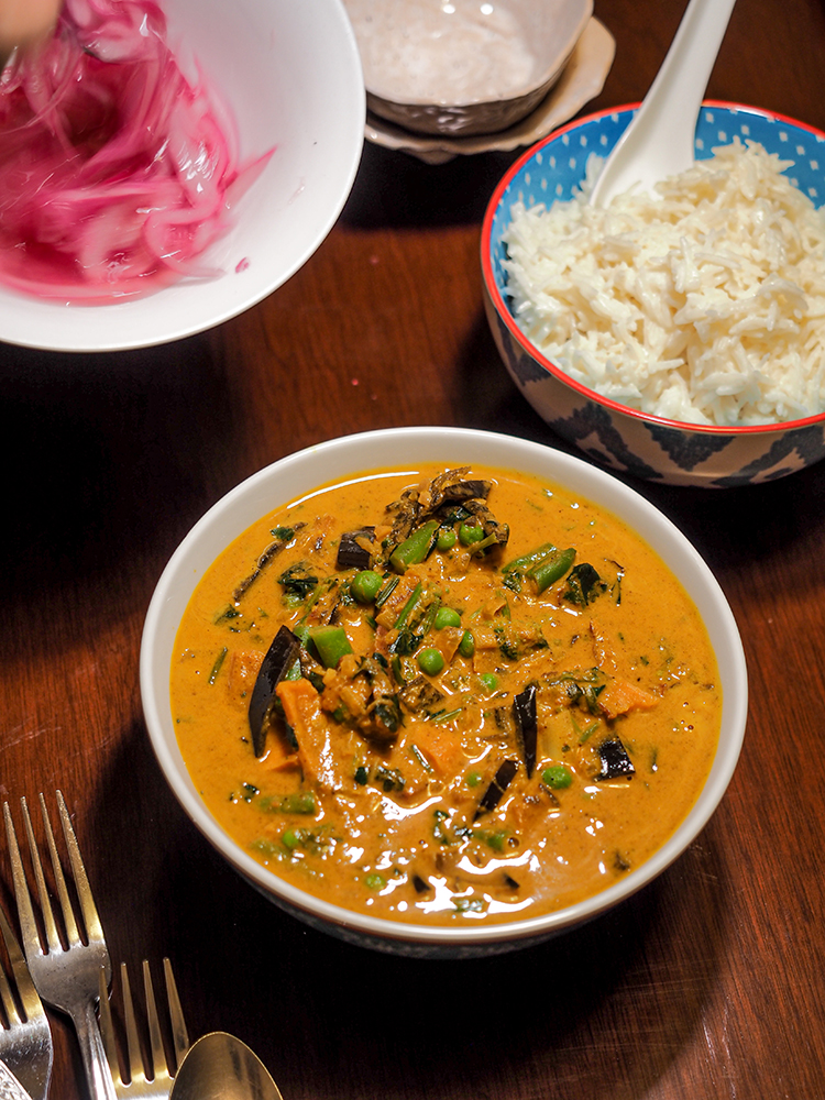 Banana Peel Curry with Coconut Rice & Pickled Onion
