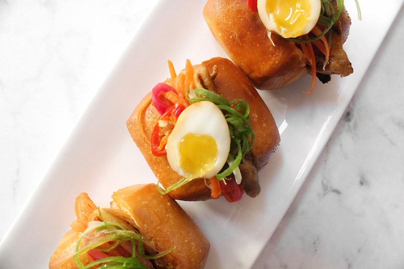 Mantou Sliders with Hoisin-glazed Fish & Soy-marinated Quail Eggs