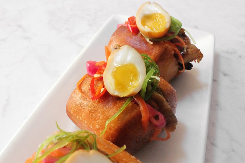 Mantou Sliders with Hoisin-glazed Fish & Soy-marinated Quail Eggs