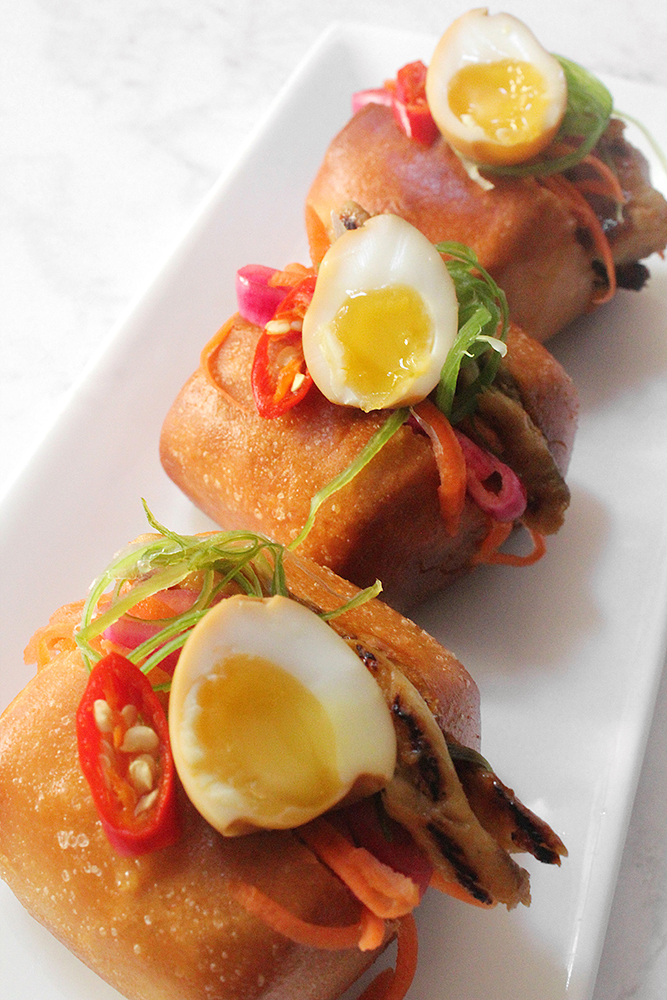 Mantou Sliders with Hoisin-glazed Fish & Soy-marinated Quail Eggs
